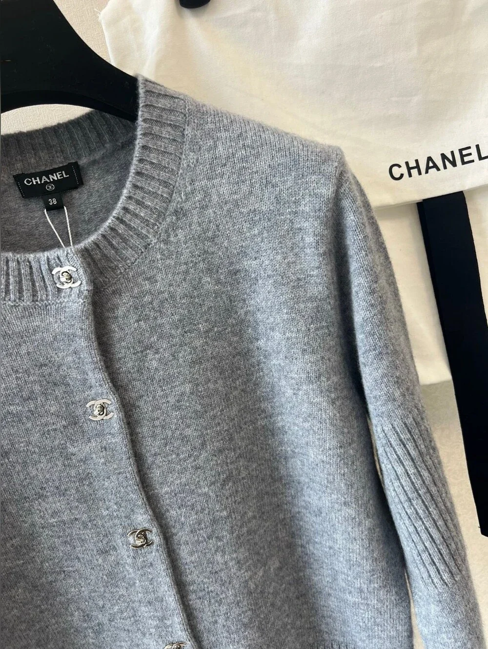CHANEL Gray Cashmere Crewneck Cardigan